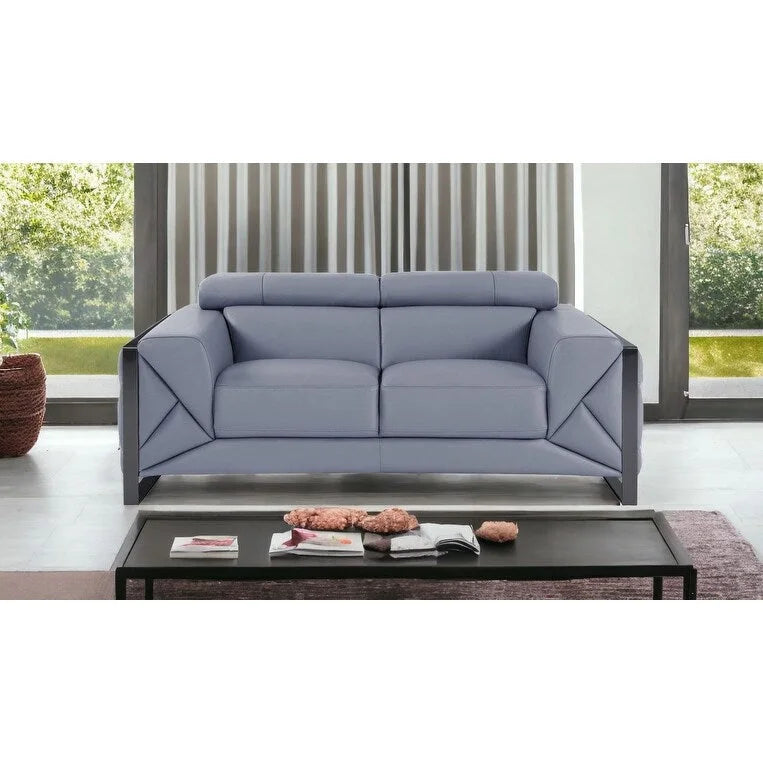 75 Inch Light Blue and Black Italian Leather Loveseat