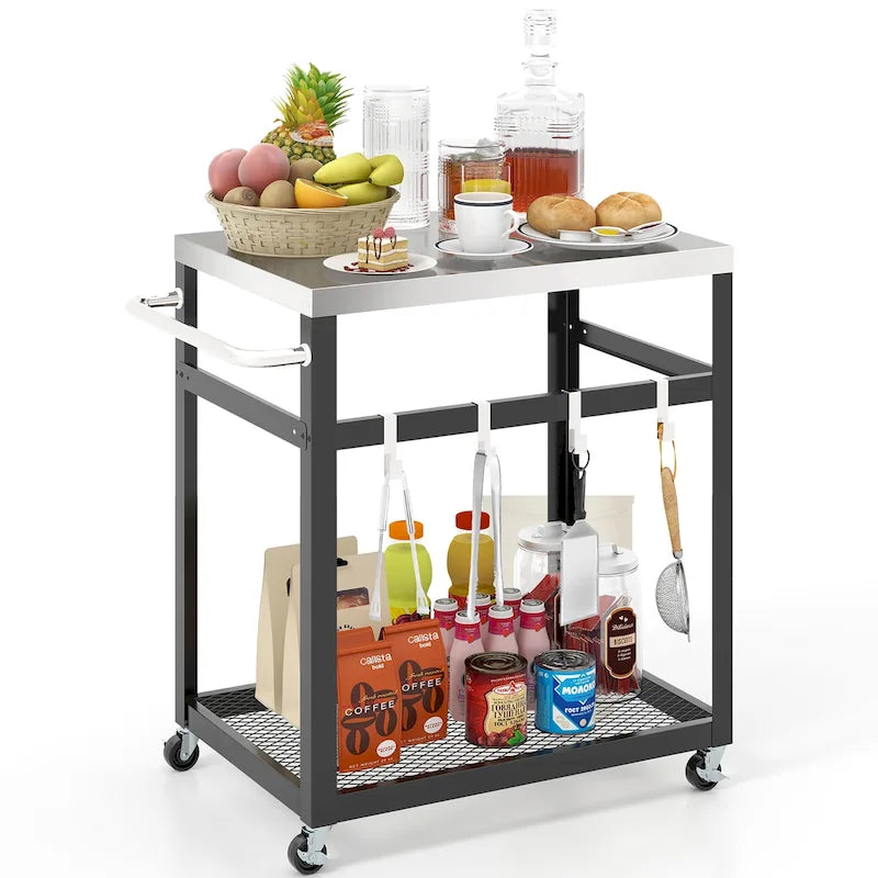 2-Tier Stainless Steel Grill Cart with Wheels, Handle and 4 Hooks