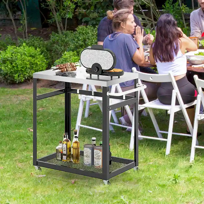 2-Tier Stainless Steel Grill Cart with Wheels, Handle and 4 Hooks