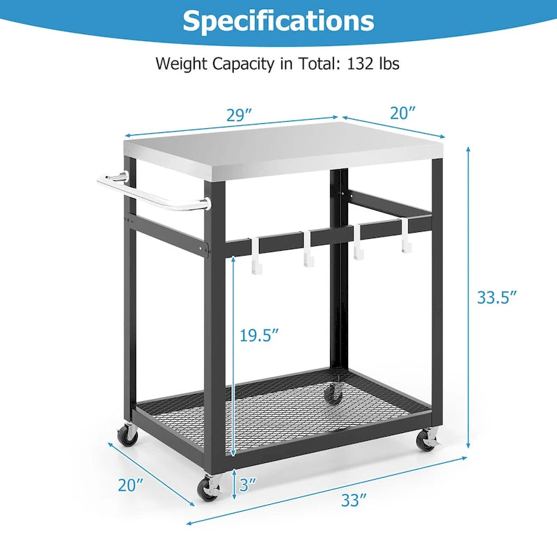 2-Tier Stainless Steel Grill Cart with Wheels, Handle and 4 Hooks