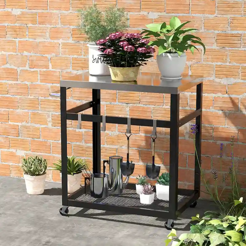 2-Tier Stainless Steel Grill Cart with Wheels, Handle and 4 Hooks