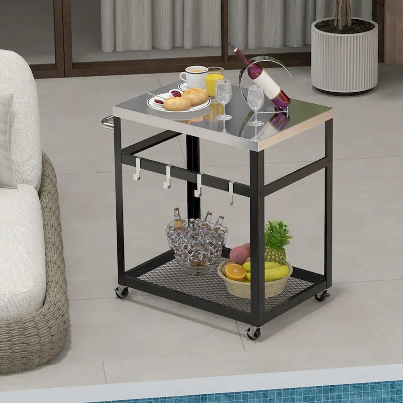 2-Tier Stainless Steel Grill Cart with Wheels, Handle and 4 Hooks