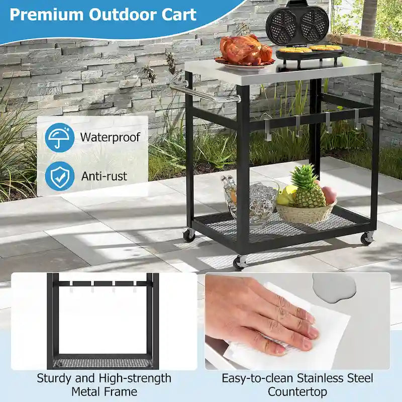 2-Tier Stainless Steel Grill Cart with Wheels, Handle and 4 Hooks