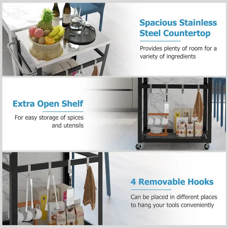2-Tier Stainless Steel Grill Cart with Wheels, Handle and 4 Hooks