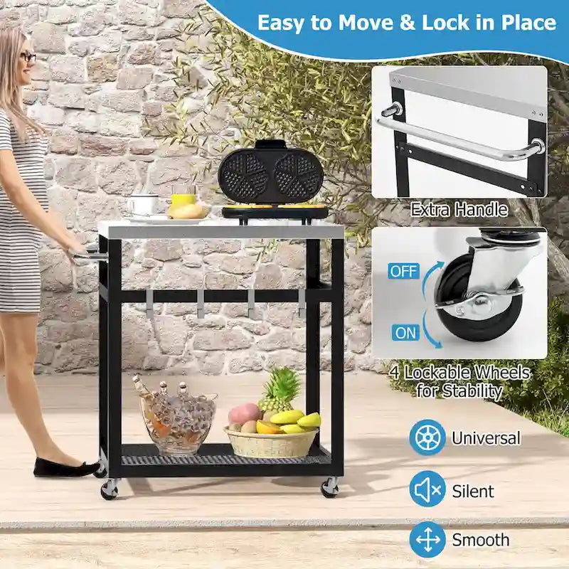 2-Tier Stainless Steel Grill Cart with Wheels, Handle and 4 Hooks