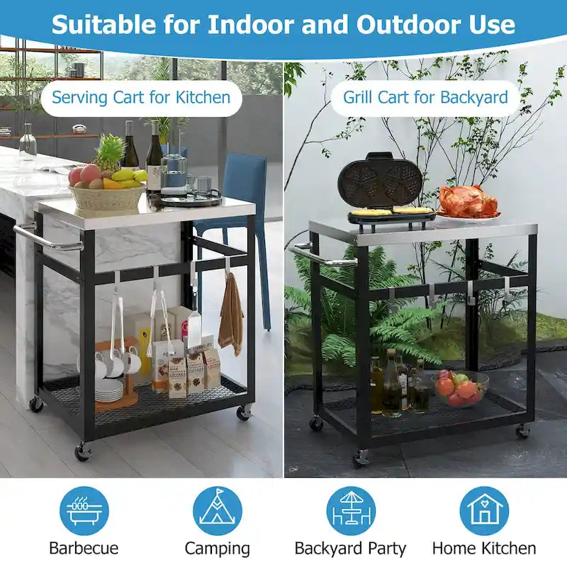 2-Tier Stainless Steel Grill Cart with Wheels, Handle and 4 Hooks