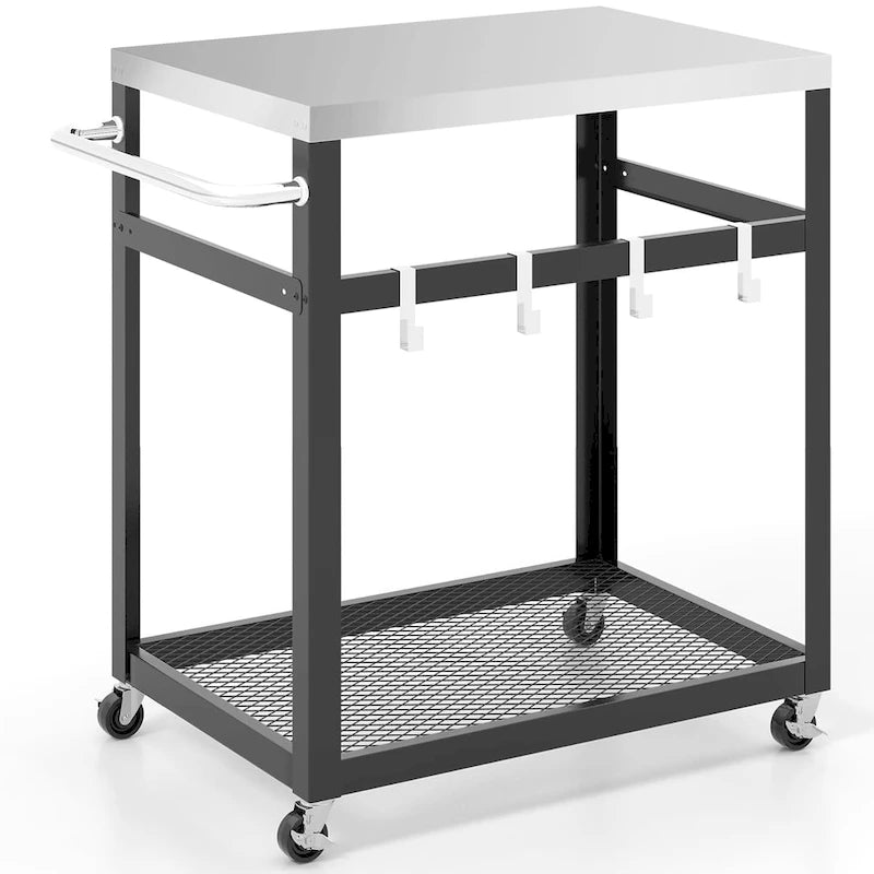 2-Tier Stainless Steel Grill Cart with Wheels, Handle and 4 Hooks