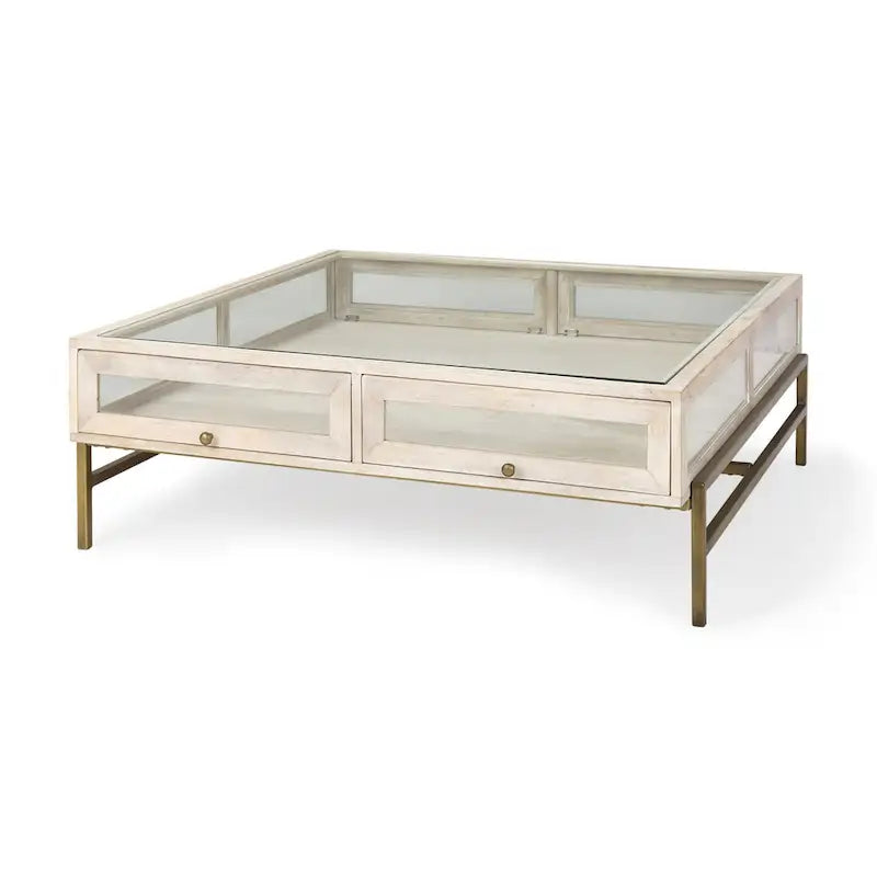 44 Inch Off-White and Gold Glass-Top Storage Coffee Table