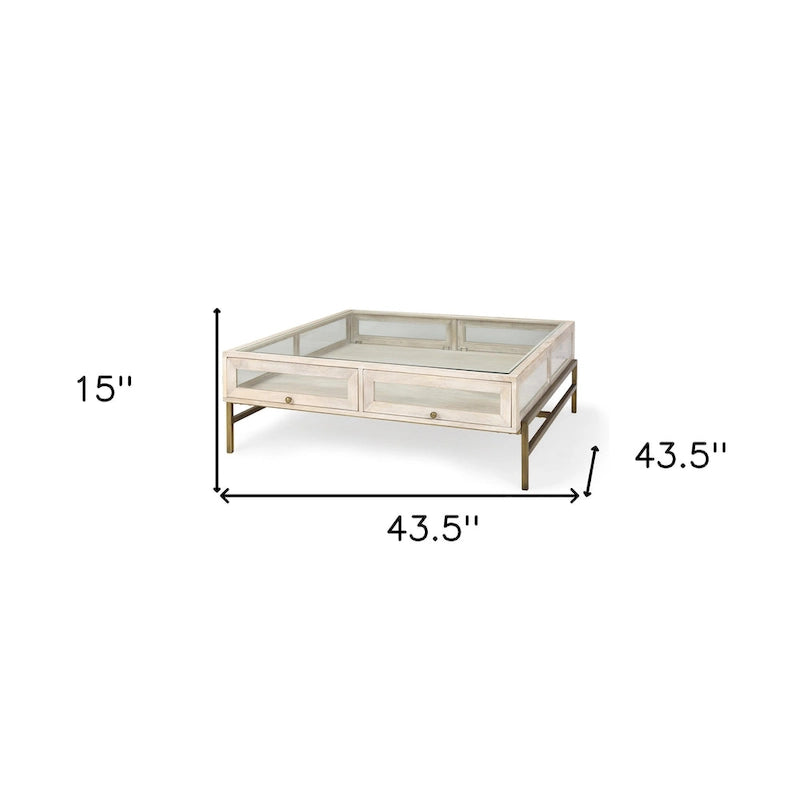 44 Inch Off-White and Gold Glass-Top Storage Coffee Table