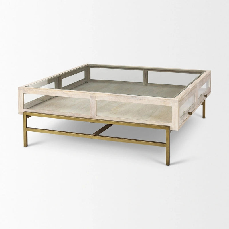 44 Inch Off-White and Gold Glass-Top Storage Coffee Table