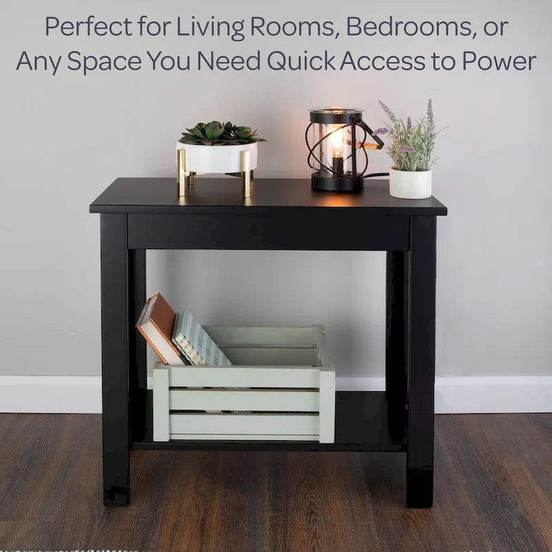 Narrow Side Table with Charging Station and Storage Shelf