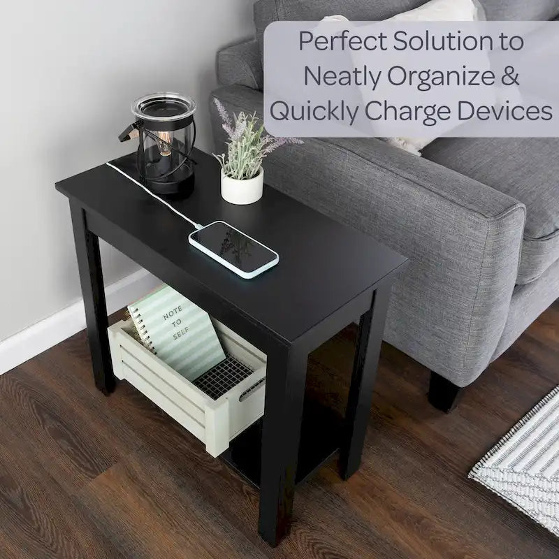 Narrow Side Table with Charging Station and Storage Shelf