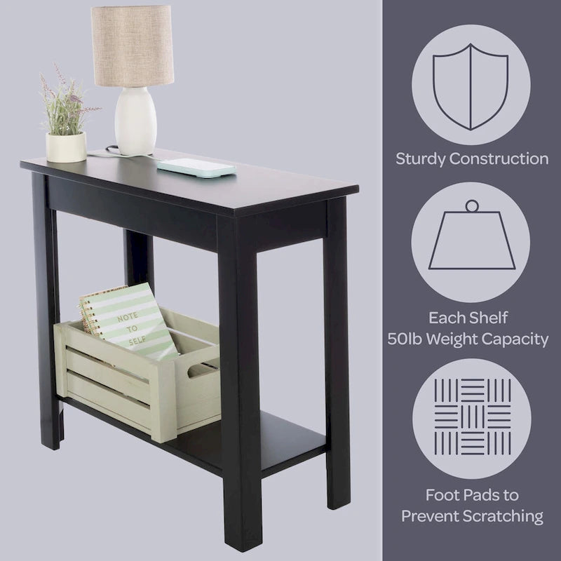 Narrow Side Table with Charging Station and Storage Shelf