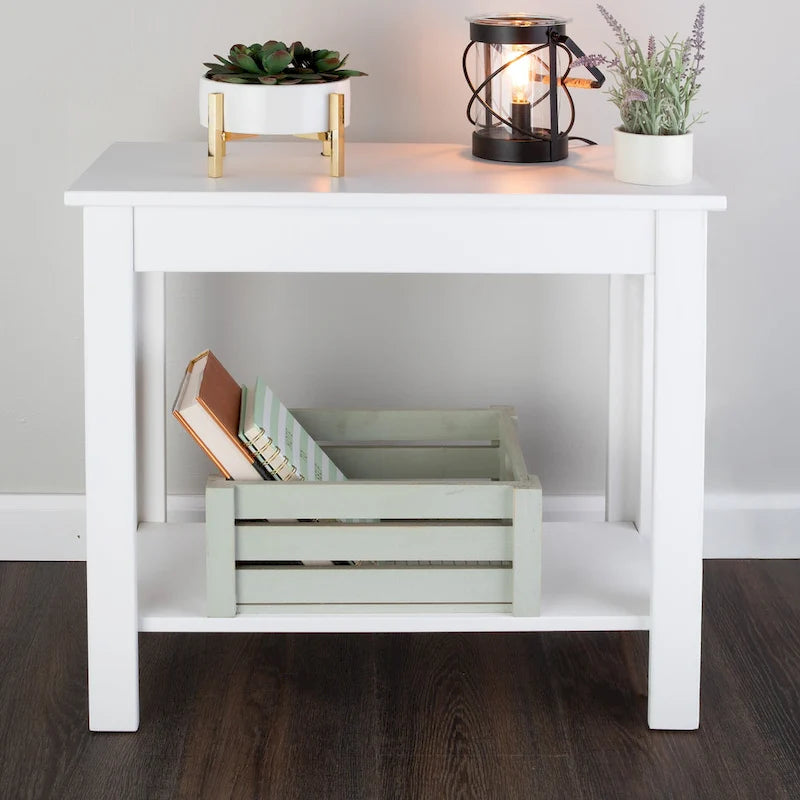 Narrow Side Table with Charging Station and Storage Shelf