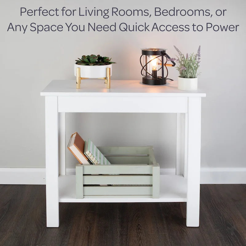 Narrow Side Table with Charging Station and Storage Shelf