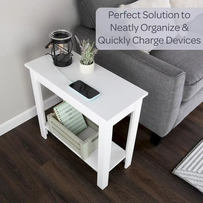 Narrow Side Table with Charging Station and Storage Shelf