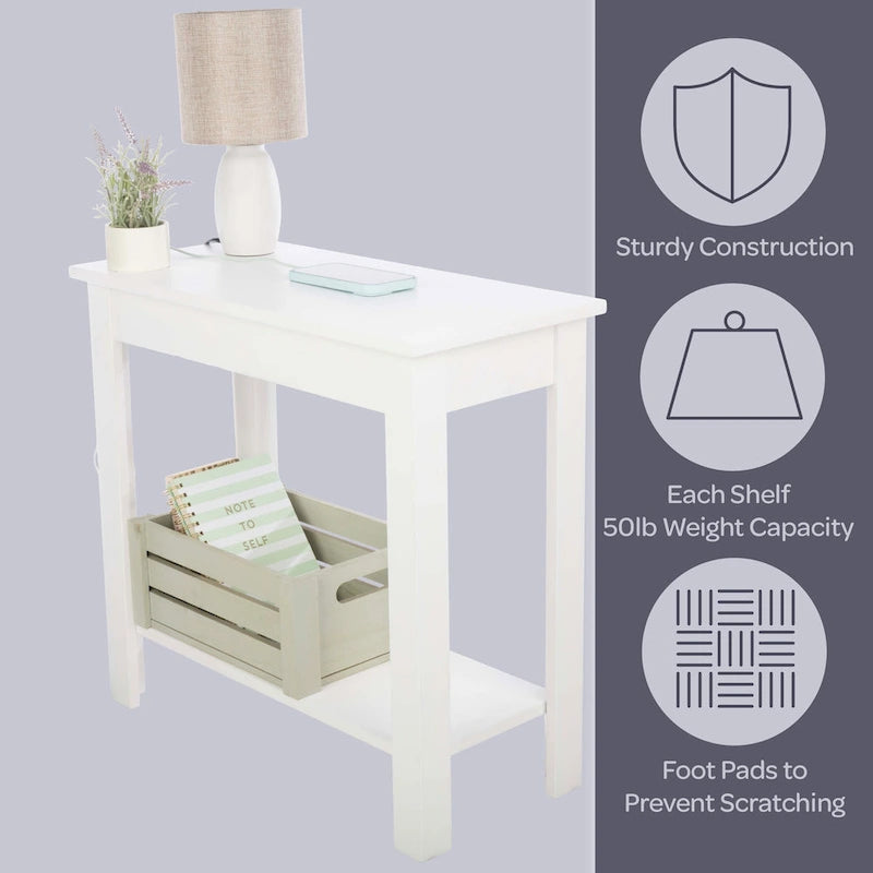 Narrow Side Table with Charging Station and Storage Shelf