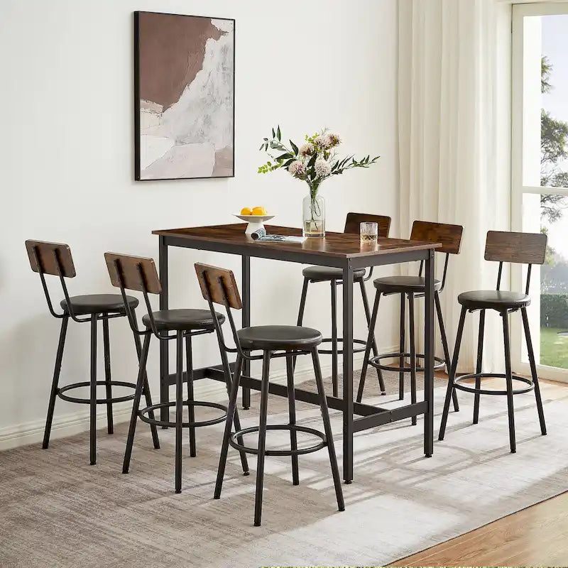 Rustic Style 7-Piece Bar Table and Chairs Set with PU Leather Stools