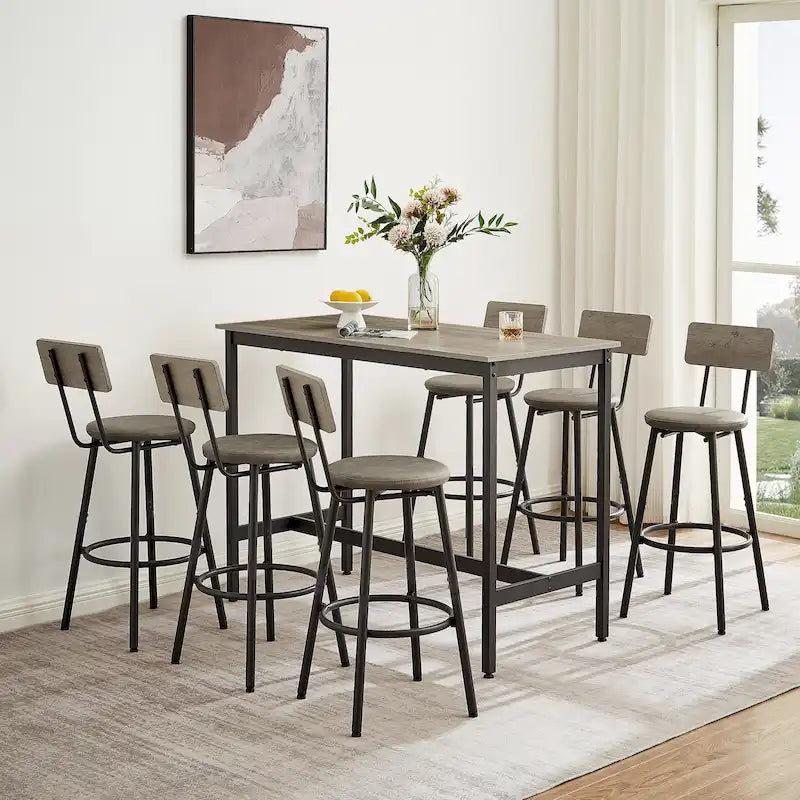 Rustic Style 7-Piece Bar Table and Chairs Set with PU Leather Stools