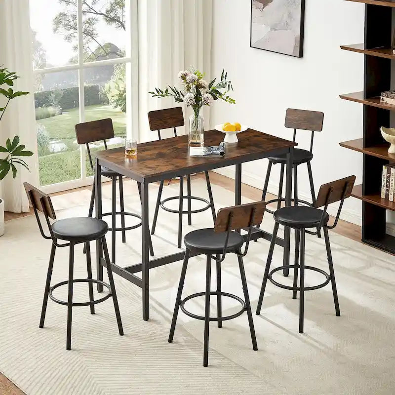Rustic Style 7-Piece Bar Table and Chairs Set with PU Leather Stools