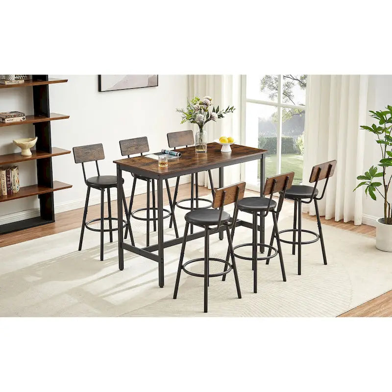 Rustic Style 7-Piece Bar Table and Chairs Set with PU Leather Stools