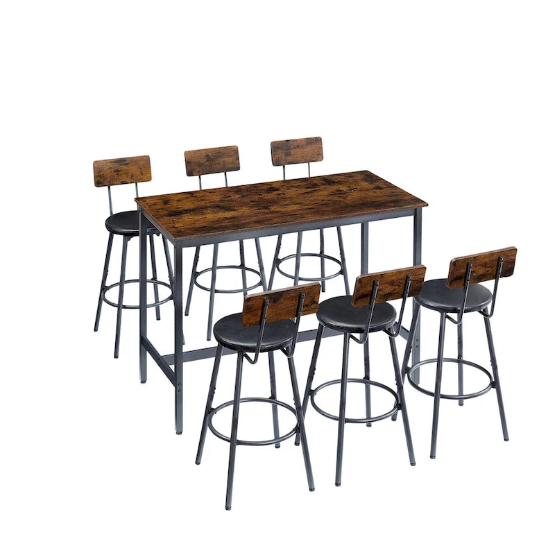 Rustic Style 7-Piece Bar Table and Chairs Set with PU Leather Stools