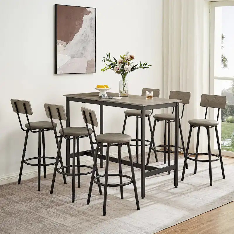 Rustic Style 7-Piece Bar Table and Chairs Set with PU Leather Stools