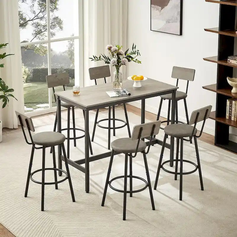 Rustic Style 7-Piece Bar Table and Chairs Set with PU Leather Stools