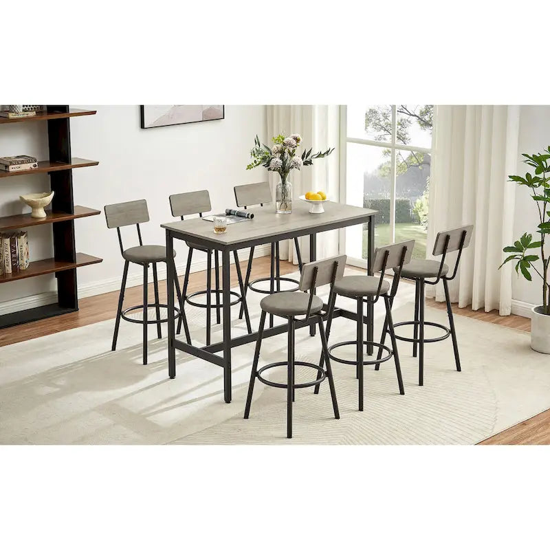 Rustic Style 7-Piece Bar Table and Chairs Set with PU Leather Stools