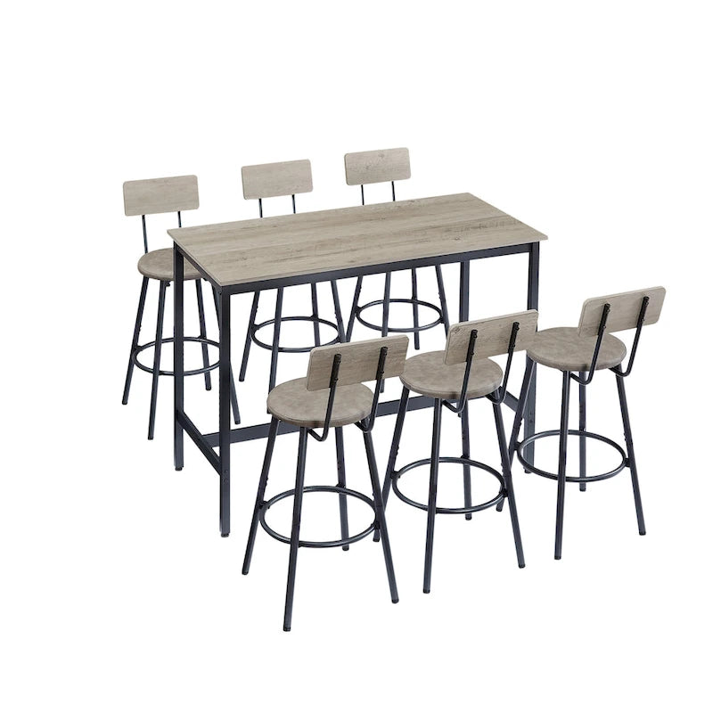 Rustic Style 7-Piece Bar Table and Chairs Set with PU Leather Stools