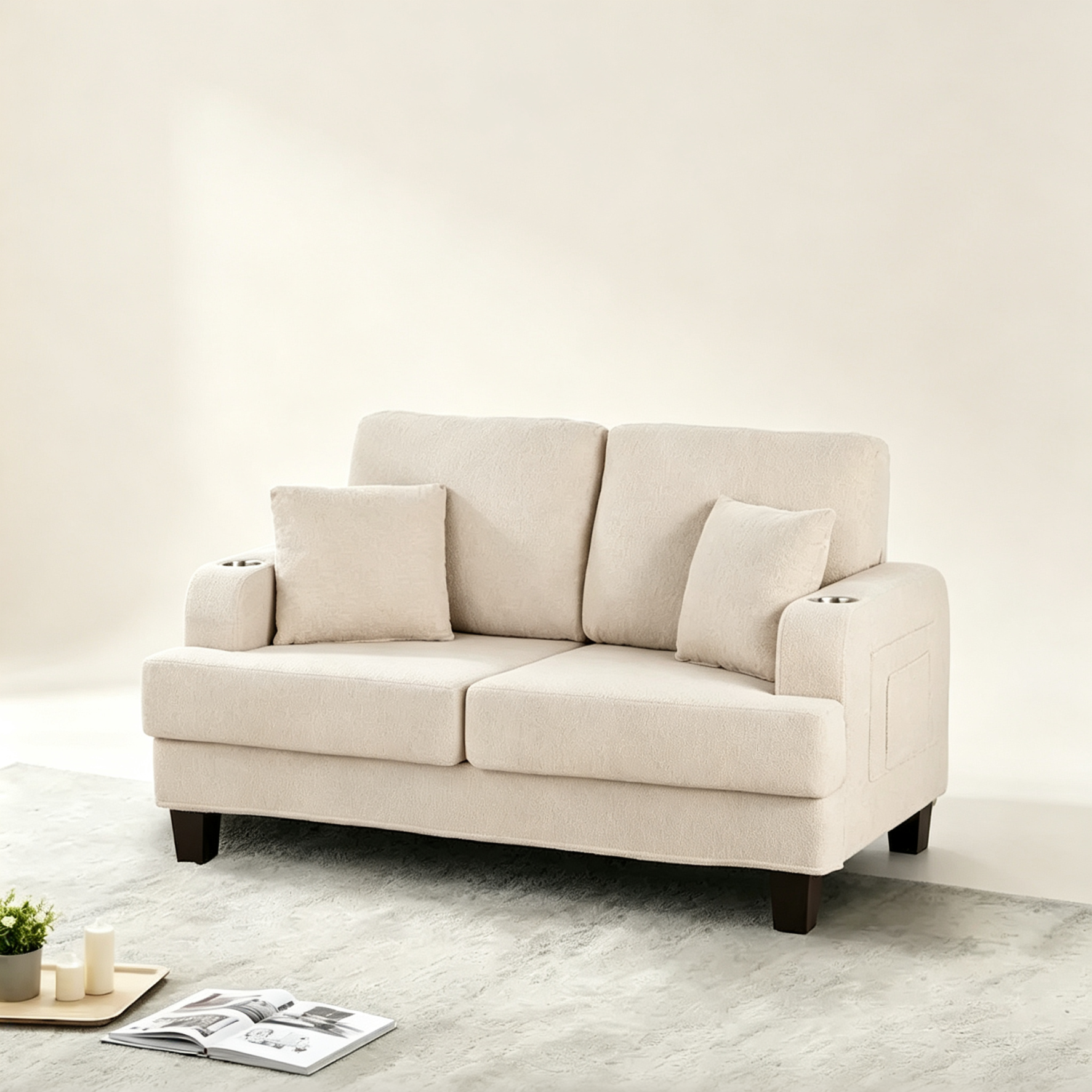 61 Small Beige Loveseat Sofa with 2 Pillows and Cup Holder