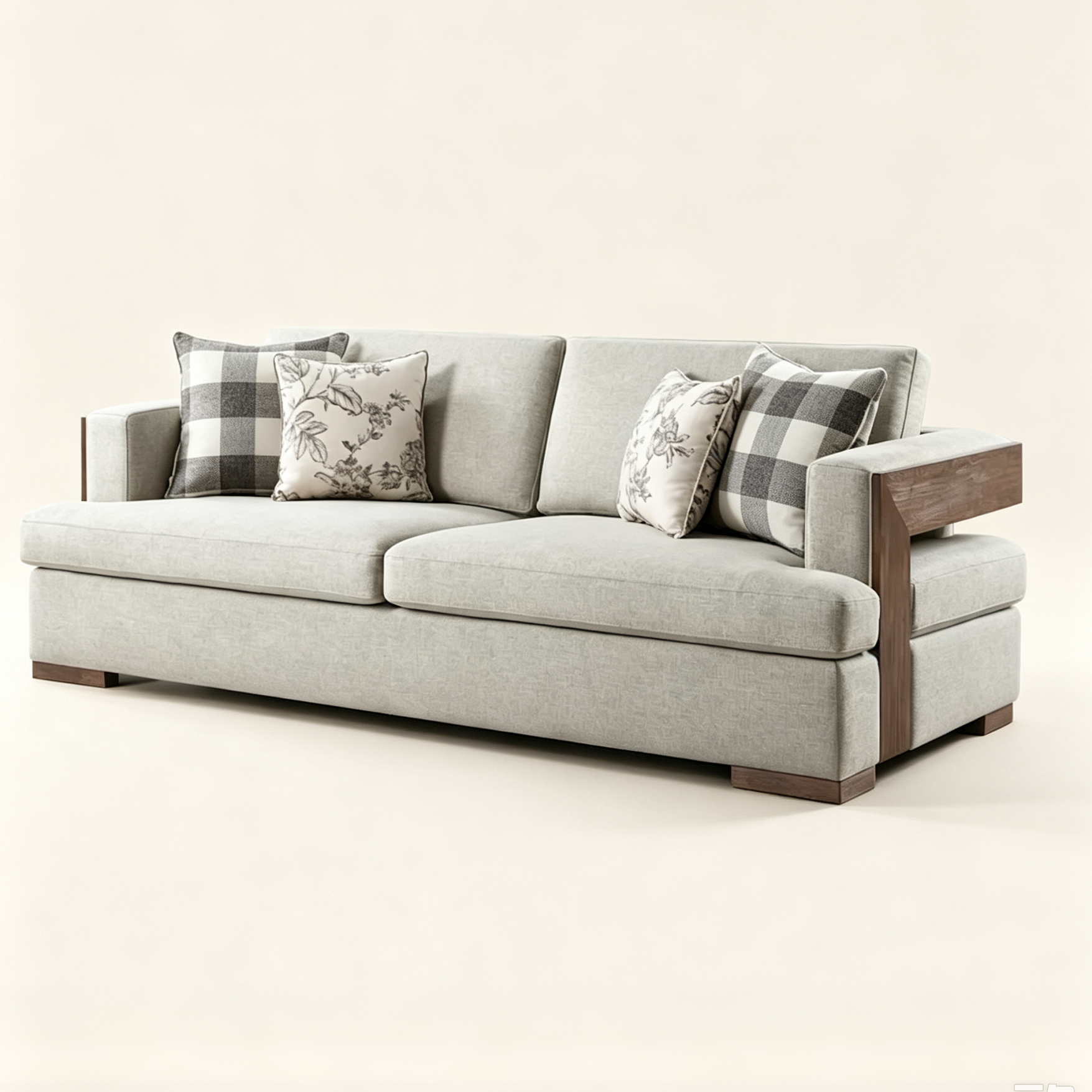 92 Inch Beige Fabric Sofa with Toss Pillows and Brown Legs