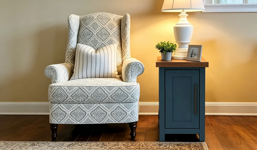 14 Inch Chairside Accent Table, Blue Denim and Whiskey Finish