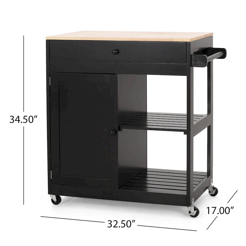 Contemporary Kitchen Cart with Wheels, Drawer, Cabinet and Open Shelves