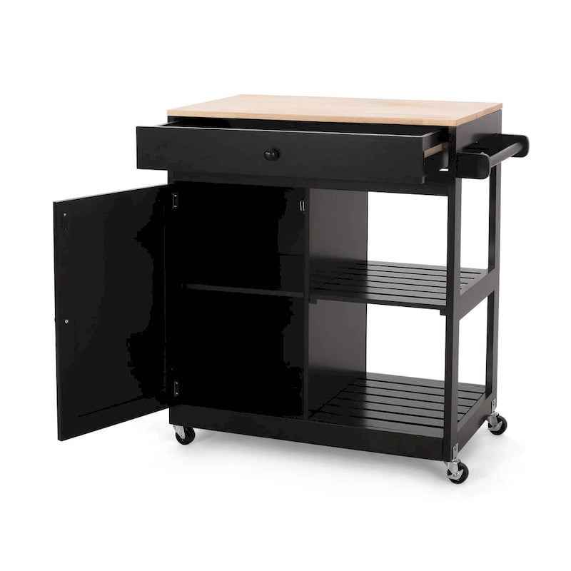 Contemporary Kitchen Cart with Wheels, Drawer, Cabinet and Open Shelves