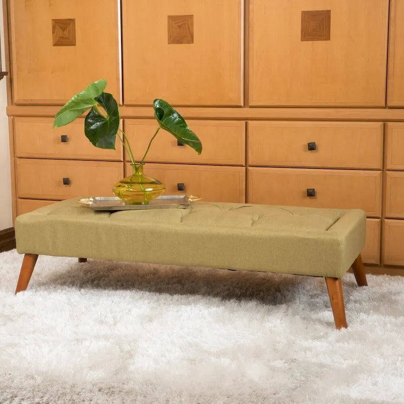 Tufted Fabric Ottoman Bench with Tapered Wood Legs