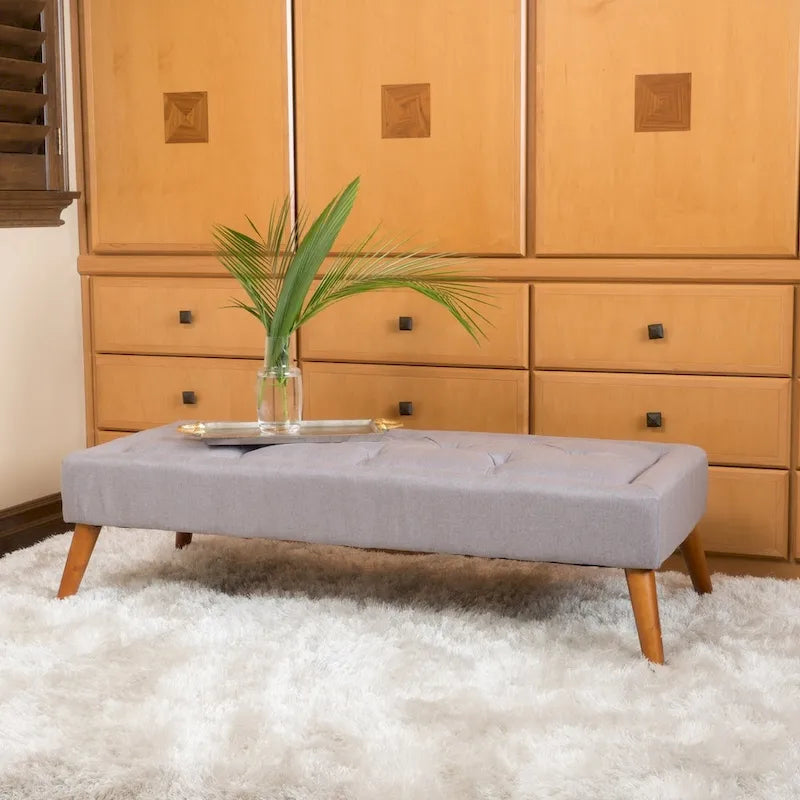 Tufted Fabric Ottoman Bench with Tapered Wood Legs