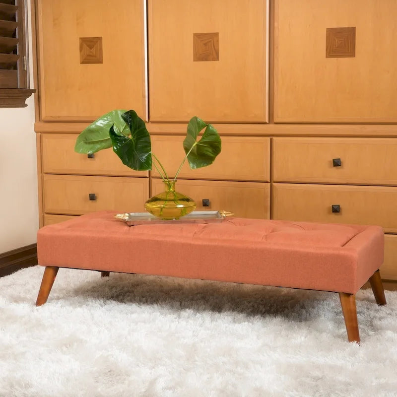 Tufted Fabric Ottoman Bench with Tapered Wood Legs