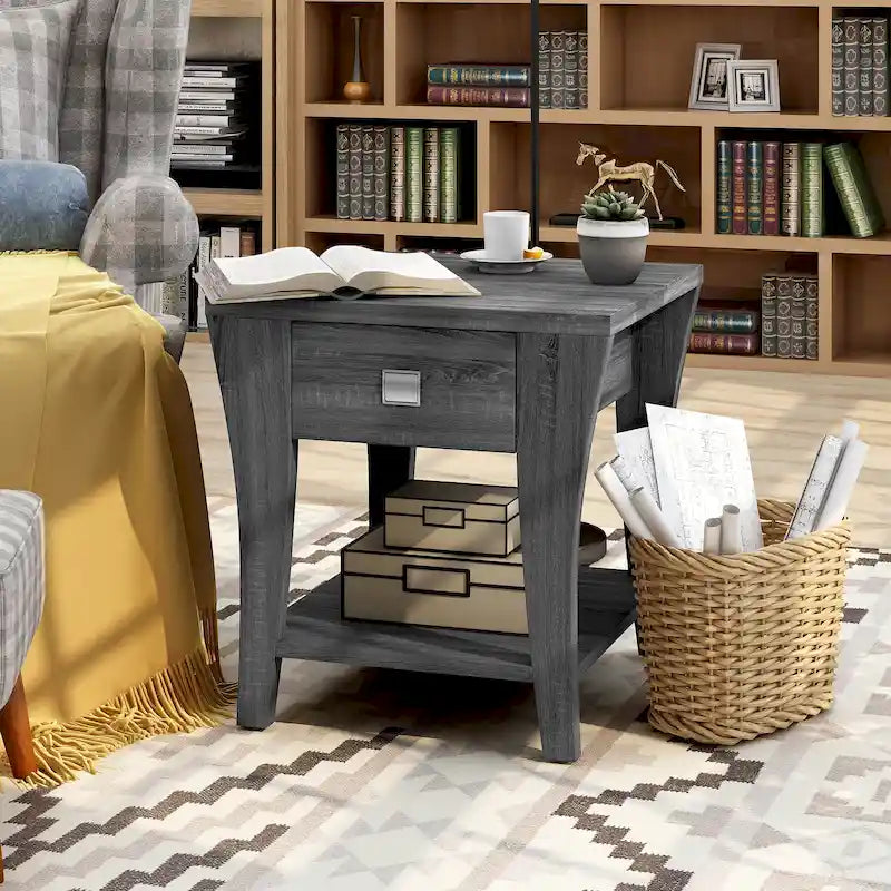 Modern Gray Flared Storage End Table with Drawer and Open Shelf