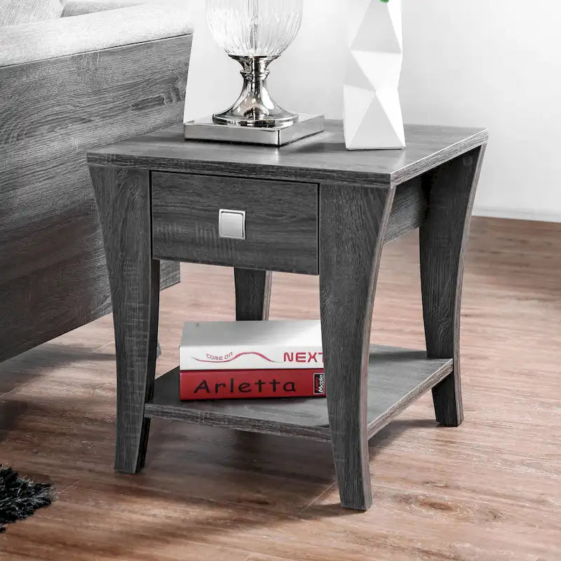 Modern Gray Flared Storage End Table with Drawer and Open Shelf