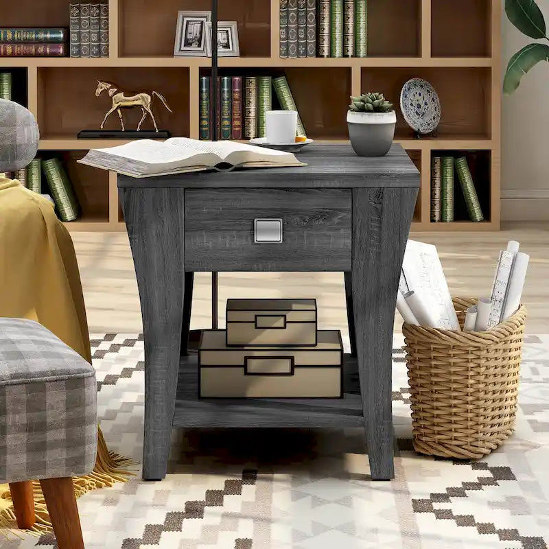 Modern Gray Flared Storage End Table with Drawer and Open Shelf