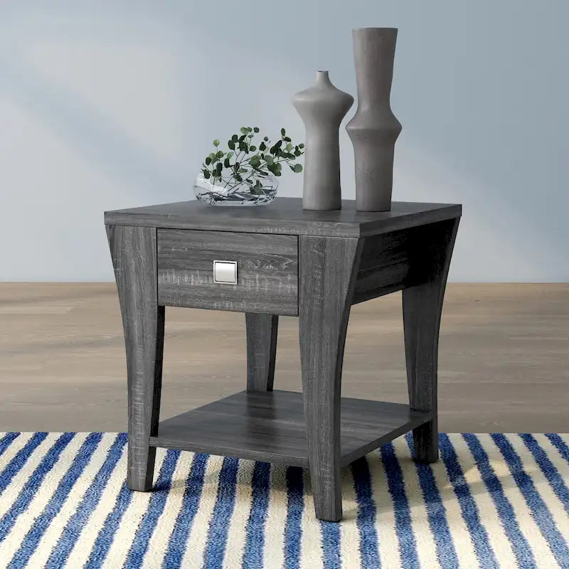 Modern Gray Flared Storage End Table with Drawer and Open Shelf