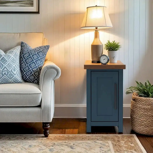 14 Inch Chairside Accent Table, Blue Denim and Whiskey Finish