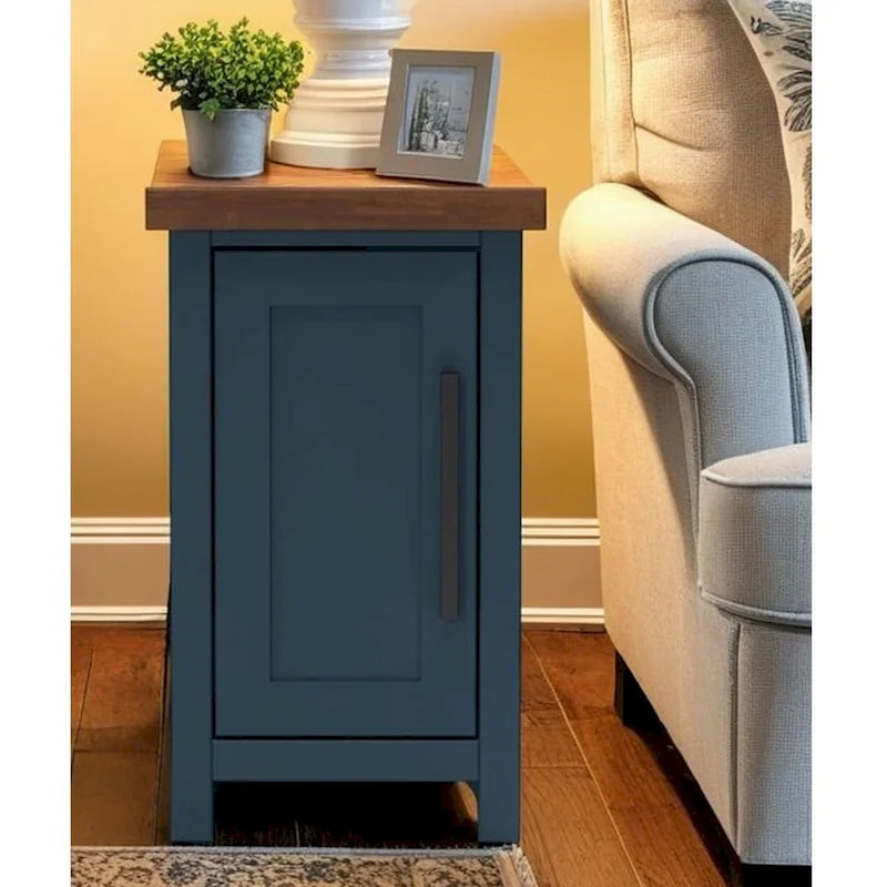 14 Inch Chairside Accent Table, Blue Denim and Whiskey Finish