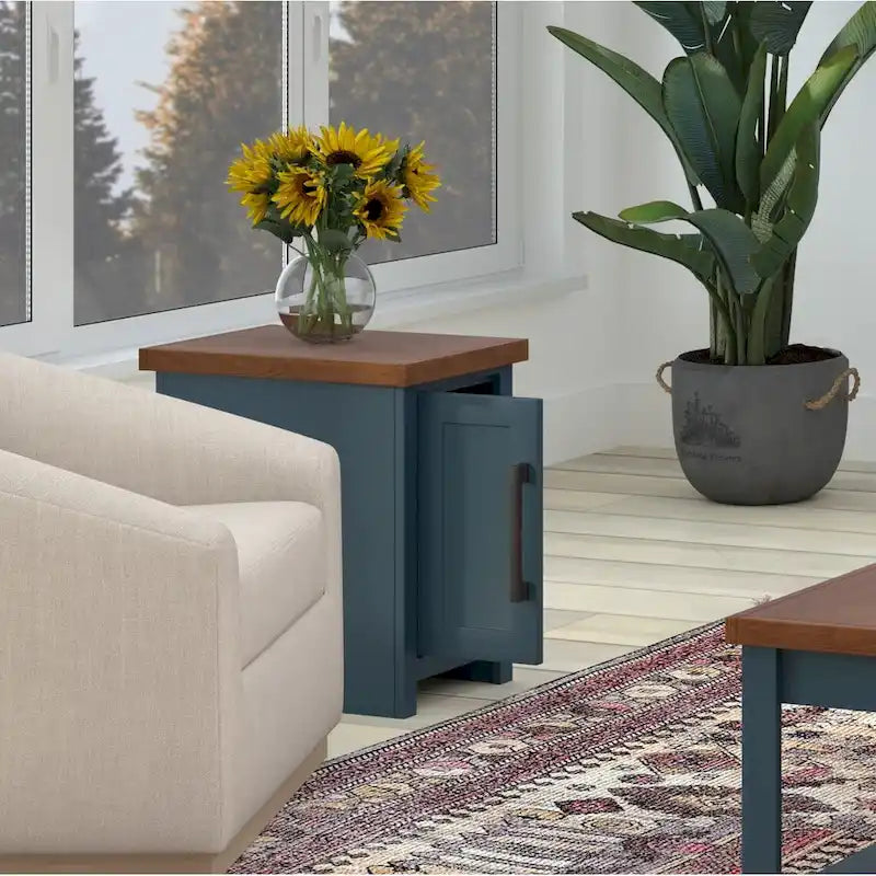 14 Inch Chairside Accent Table, Blue Denim and Whiskey Finish