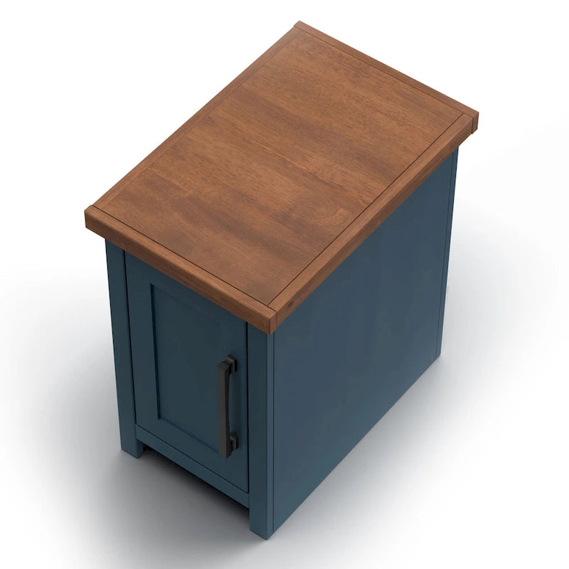 14 Inch Chairside Accent Table, Blue Denim and Whiskey Finish