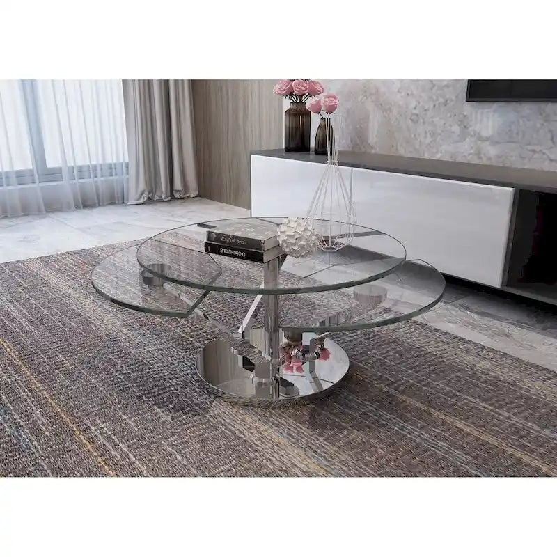 32 Inch Round Motion Glass Top Cocktail Table