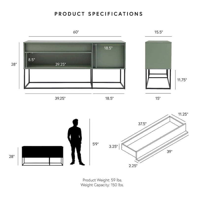Modern 60-Inch LED TV Stand with Drawer and Metal Legs, 16 Colors