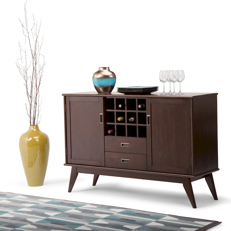 Solid Hardwood 54 Inch Wide Mid Century Modern Sideboard Buffet with Wine Rack