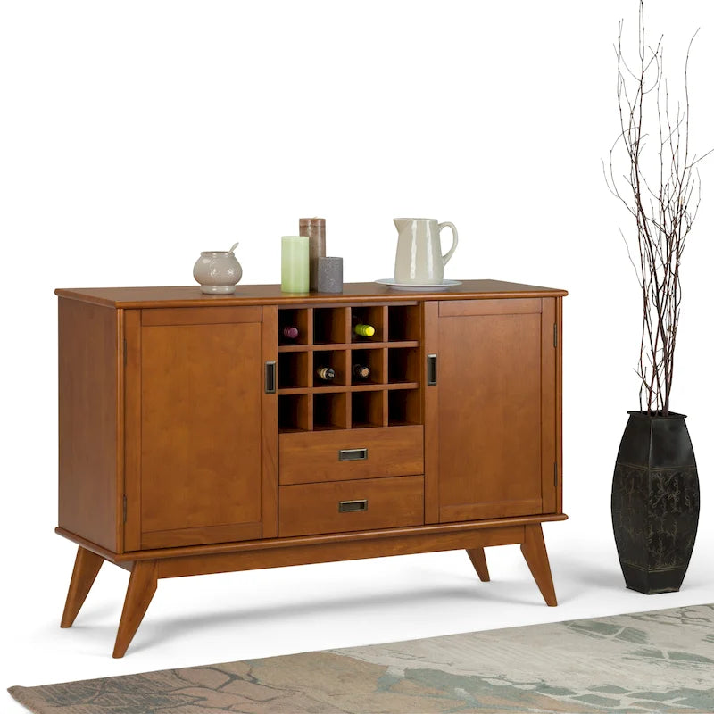 Solid Hardwood 54 Inch Wide Mid Century Modern Sideboard Buffet with Wine Rack